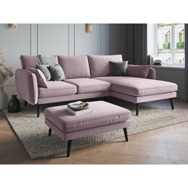 Svetloružová zamatová rohová pohovka s čiernymi nohami Kooko Home Lento, pravý roh-image-1