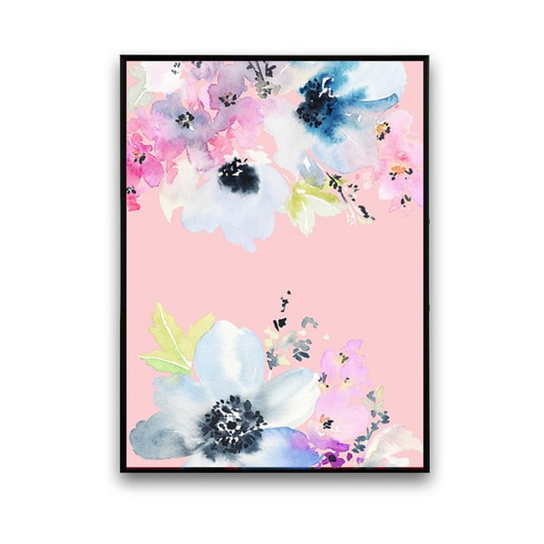 Plagát s modrými kvetmi, ružové pozadie, 30 x 40 cm