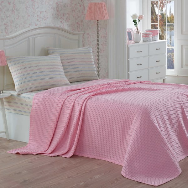 Ľahká prikrývka s plachtou a obliečkami na  vankúše Gofre Pink, 200x230 cm