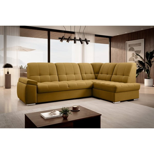 Žltá zamatová rozkladacia/s úložným priestorom rohová pohovka (pravý roh/do L) Sado – ELTAP-image-4