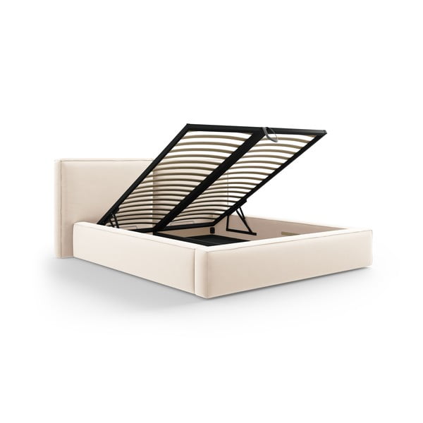 Krémová zamatová čalúnená dvojlôžková posteľ s úložným priestorom s roštom 200x200 cm Arendal – Cosmopolitan Design-image-2