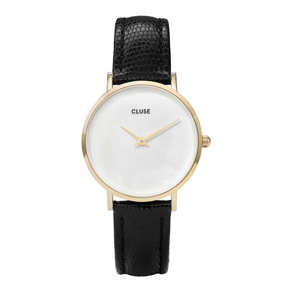 Dámske hodinky s čiernym koženým remienkom a s perleťovým ciferníkom Cluse Minuit
