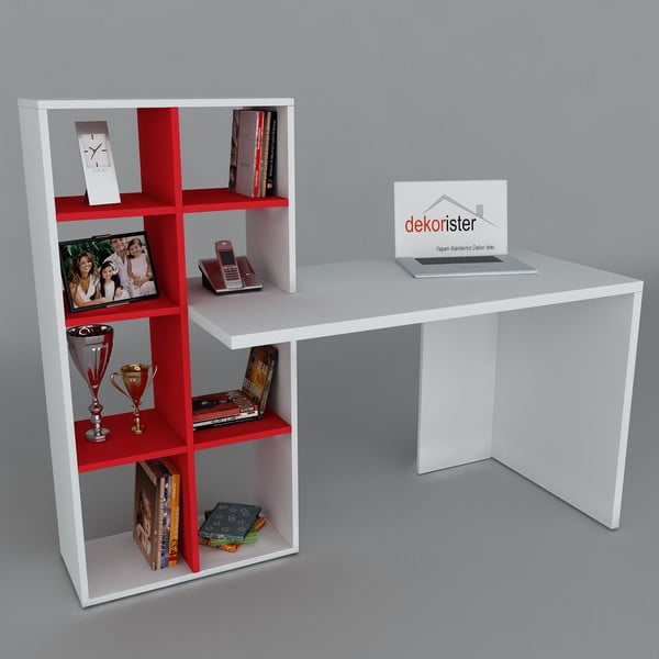 Pracovný stôl s knihovnou Win White/Red, 60x151x123,6 cm