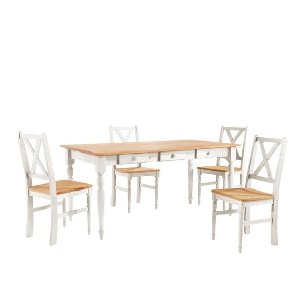 Set 4 bielych drevených jedálenských stoličiek s prírodným sedákom a so stolom Støraa Normann, 160 x 80 cm