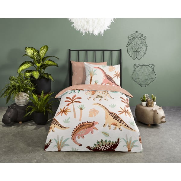 Hnedé/béžové bavlnené detské obliečky do postieľky 100x135 cm Dino – Good Morning-image-1