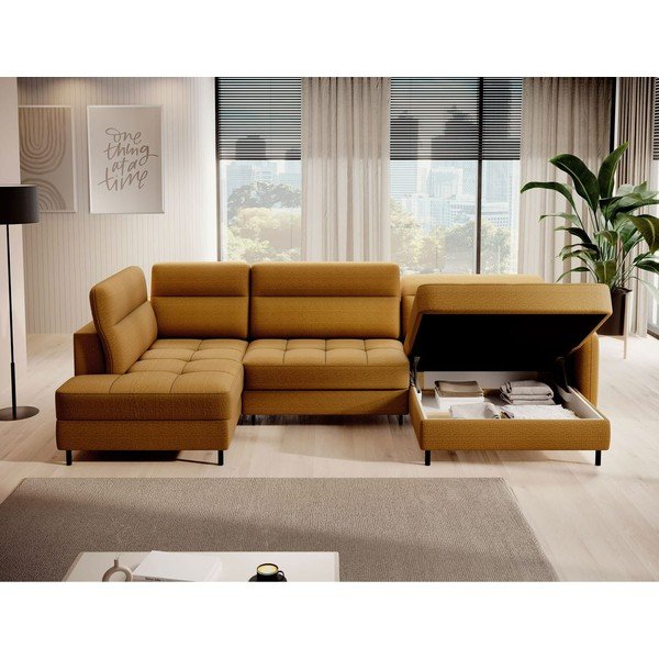 Žltá zamatová rozkladacia/s úložným priestorom rohová pohovka (ľavý roh/do tvaru "U") Berrto – ELTAP-image-3