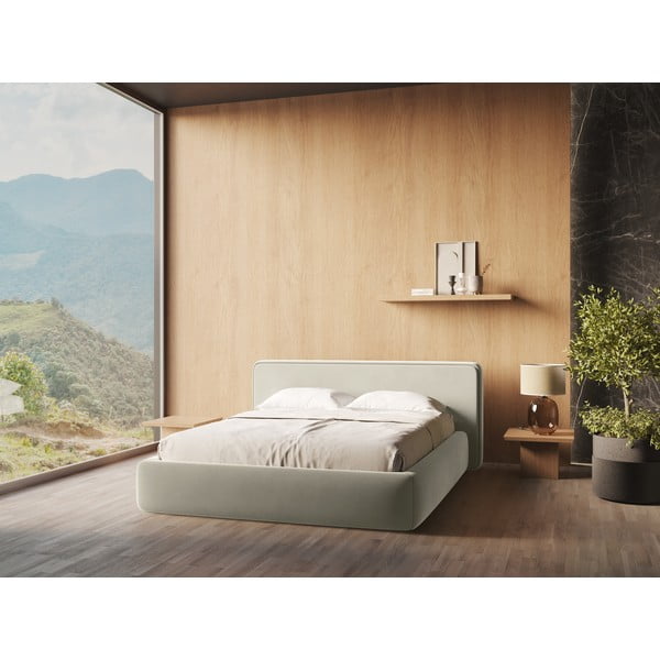 Krémovobiela čalúnená dvojlôžková posteľ s úložným priestorom s roštom 140x200 cm Kiana – Makamii-image-1