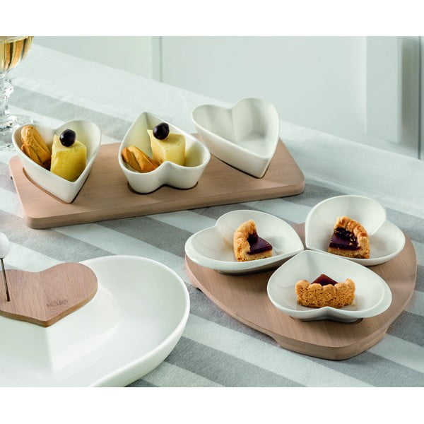 Sada 3 servírovacích misiek z porcelánu na bambusovom podnose Brandani Hearts-image-1