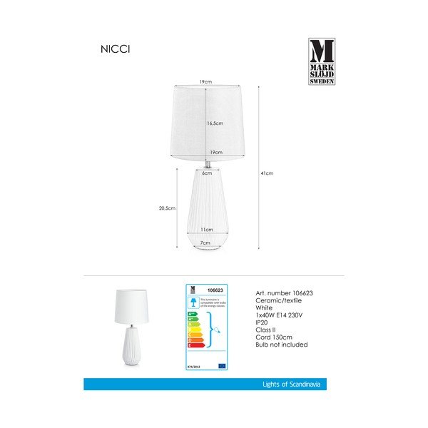 Biela stolová lampa Markslöjd Nicci, ø 19 cm-image-1