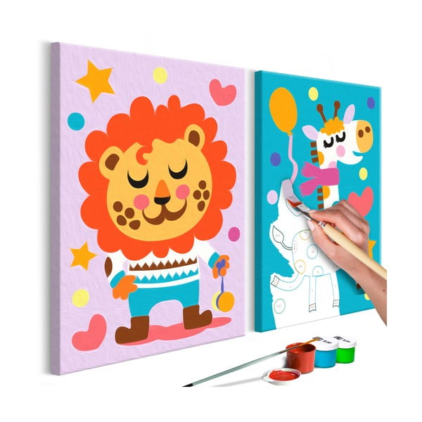 DIY set na tvorbu vlastného dvojdielneho obrazu na plátne Artgeist Lion & Giraffe, 33 × 23 cm