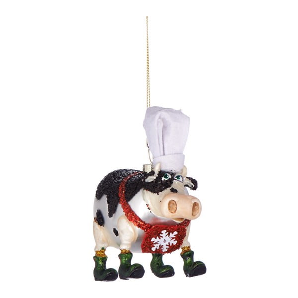 Vianočná závesná ozdoba zo skla Butlers Krava s kuchárskou čapicou, 11,5 cm
