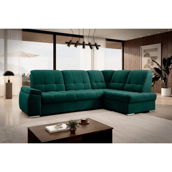 Zelená zamatová rozkladacia/s úložným priestorom rohová pohovka (pravý roh/do L) Sado – ELTAP-image-4