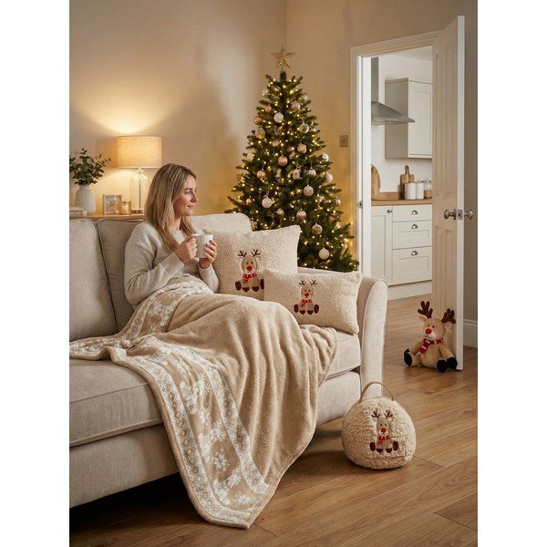Béžová flanelová deka s vianočným motívom 130x160 cm XMAS – Tiseco Home Studio-image-2