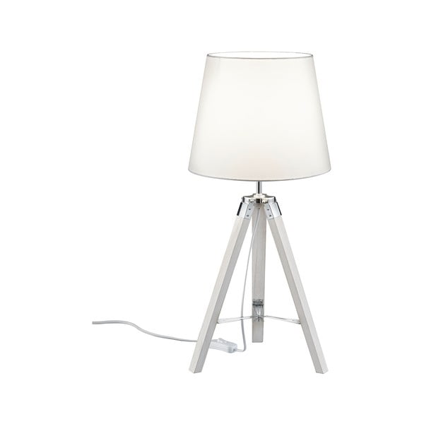Biela stolová lampa z prírodného dreva a tkaniny Trio Tripod, výška 57,5 cm