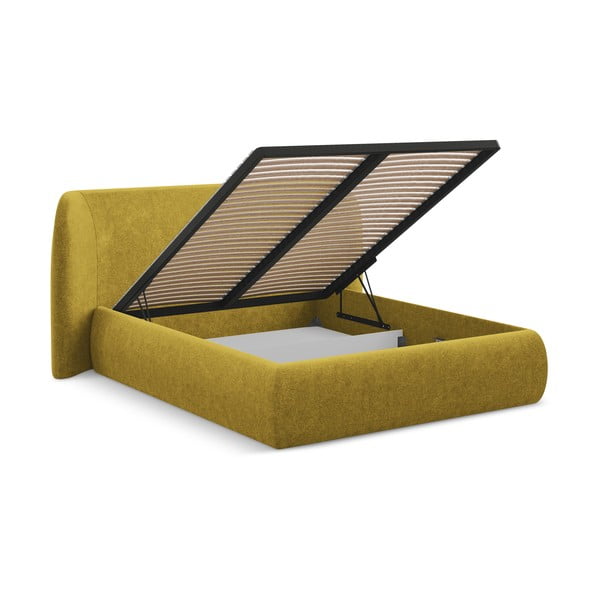 Čalúnená dvojlôžková posteľ s úložným priestorom s roštom 180x200 cm v horčicovej farbe Hauke – Makamii-image-2