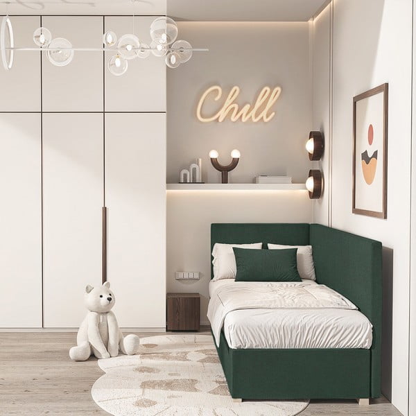 Tmavozelená rohová detská posteľ s úložným priestorom s matracom 90x200 cm Flexi – Ghado-image-1