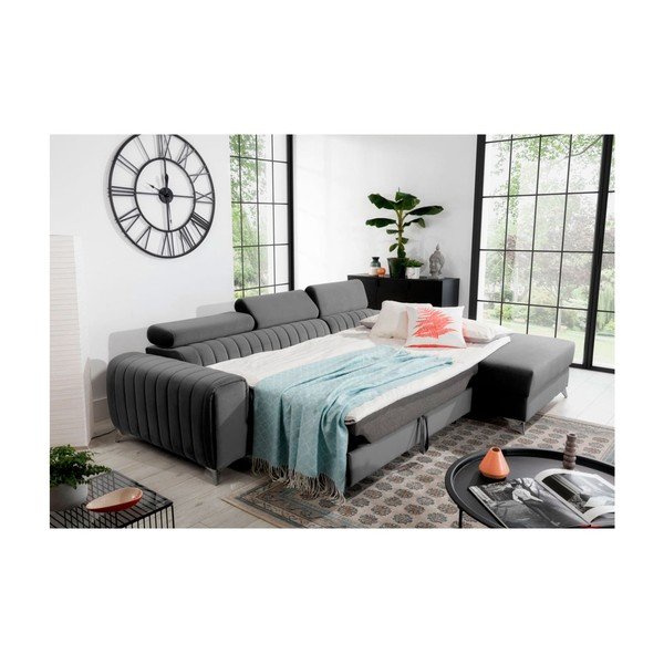 Tmavosivá zamatová rozkladacia/s úložným priestorom rohová pohovka (pravý roh/s leňoškou) Grayson – ELTAP-image-4