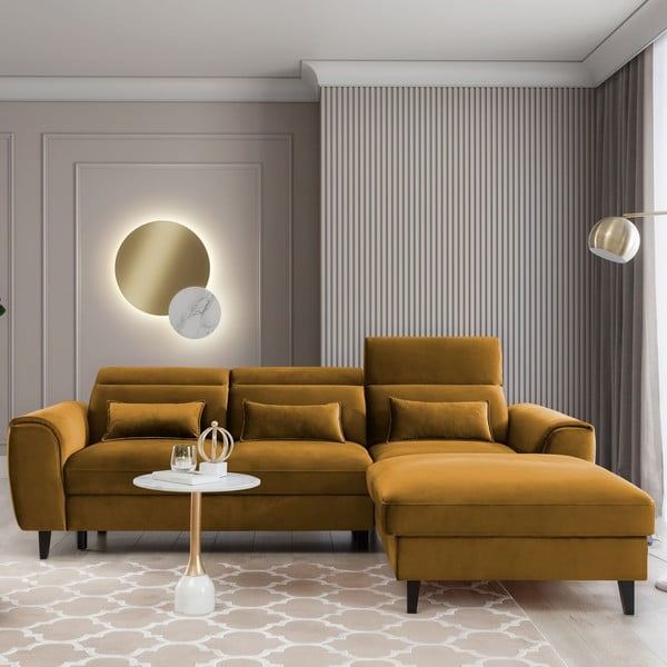 Žltá zamatová rozkladacia/s úložným priestorom rohová pohovka (pravý roh/s leňoškou) Foble – ELTAP-image-1