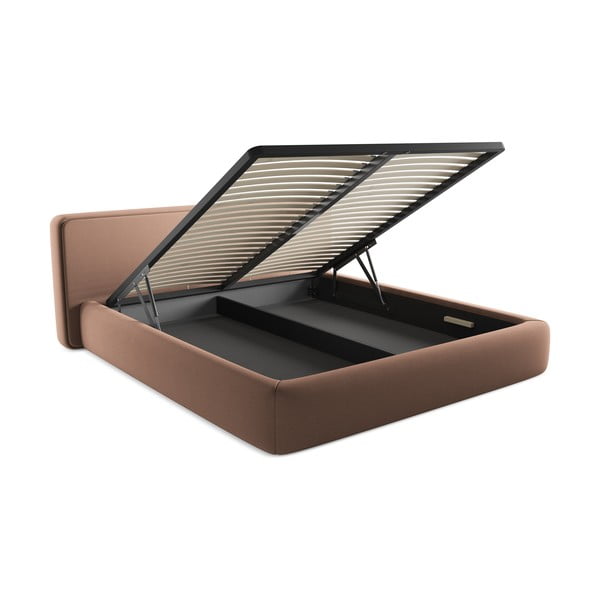 Svetloružová čalúnená dvojlôžková posteľ s úložným priestorom s roštom 180x200 cm Kiana – Makamii-image-3