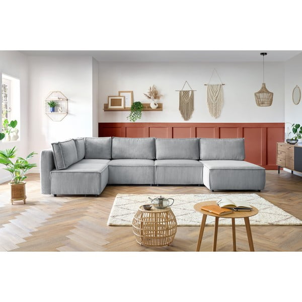 Svetlosivá menčestrová rohová pohovka (do tvaru "U"/variabilná) Nihad modular – Bobochic Paris-image-1