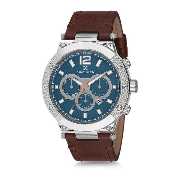 Pánske hodinky s hnedým koženým remienkom a modrým ciferníkom Daniel Klein