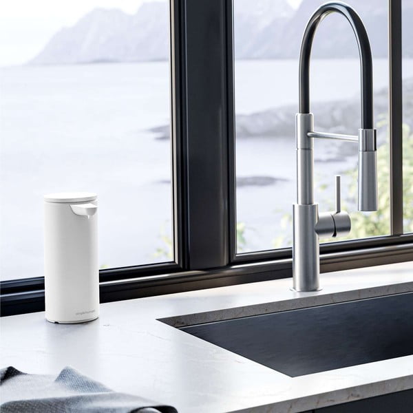 Biely bezdotykový kovový dávkovač mydla 414 ml – simplehuman-image-1