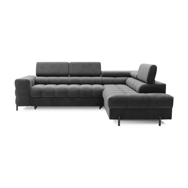 Tmavosivá zamatová rozkladacia/s úložným priestorom rohová pohovka (pravý roh/do L) Ferucce – ELTAP