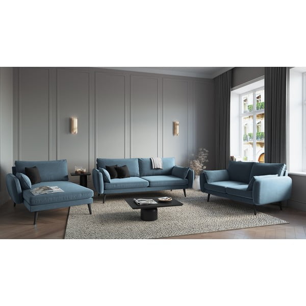 Svetlomodrá zamatová leňoška s čiernymi nohami Kooko Home Lento, ľavý roh-image-1