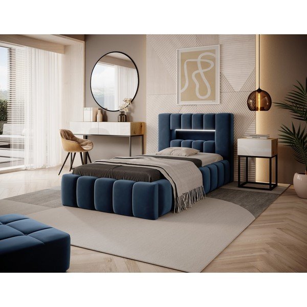 Tmavomodrá čalúnená jednolôžková posteľ s úložným priestorom s roštom 90x200 cm Lamica – ELTAP-image-1