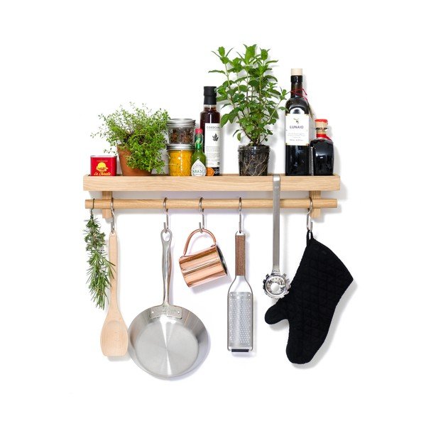 Polička s vešiakom na kuchynské nástroje z dubového dreva Wireworks-image-1