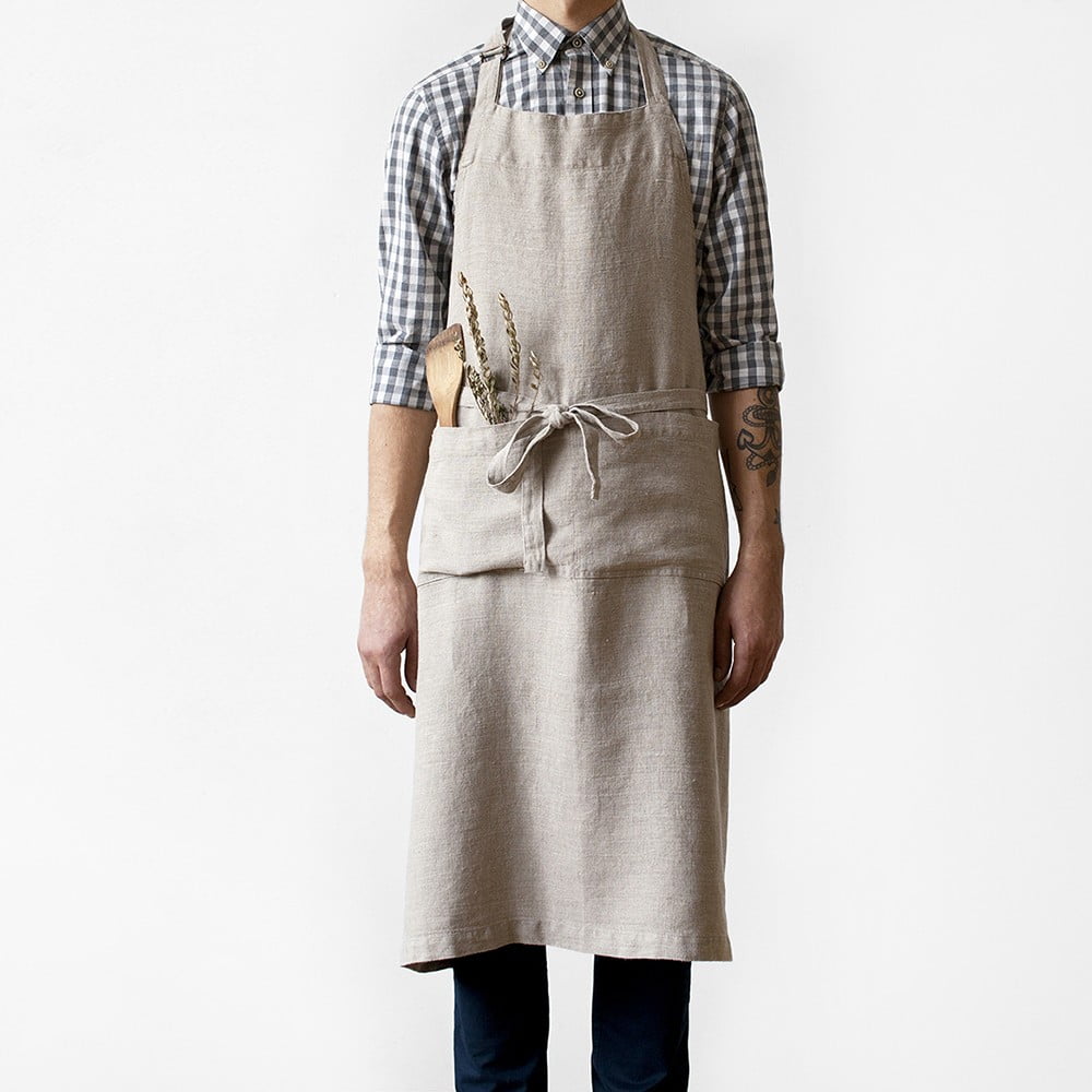 Béžová ľanová zástera Linen Tales Chef, dĺžka 100 cm