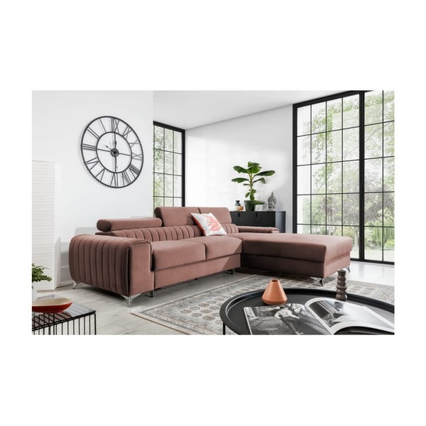 Ružová zamatová rozkladacia/s úložným priestorom rohová pohovka (pravý roh/s leňoškou) Grayson – ELTAP-image-1