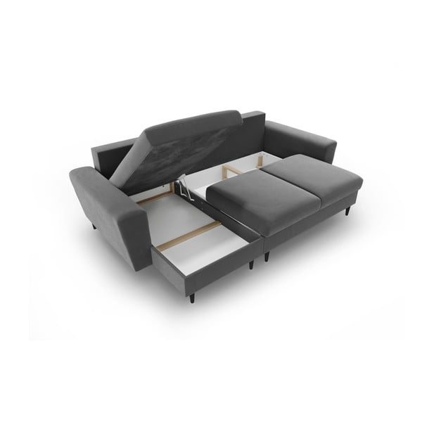 Svetlosivá zamatová rozkladacia/s úložným priestorom rohová pohovka Kyoto – Cosmopolitan Design-image-3