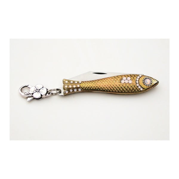Český nožík rybička v zlatej farbe s krištáľom a karabínkou v dizajne od Alexandry Dětinskej