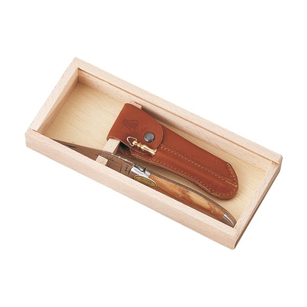 Vreckový nôž s koženým puzdrom v drevenom boxe Jean Dubost