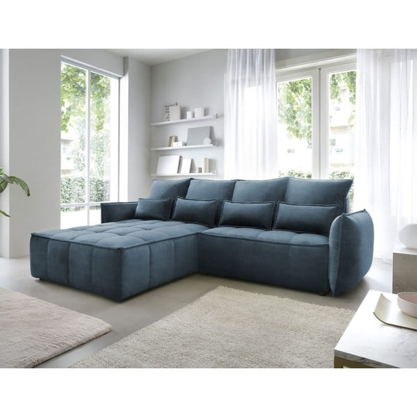 Modrá zamatová rozkladacia/s úložným priestorom rohová pohovka (ľavý roh/s leňoškou) Campo – ELTAP-image-1