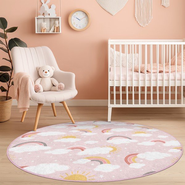 Ružový prateľný detský koberec ø150 cm Rainbow World – Mila Home-image-3