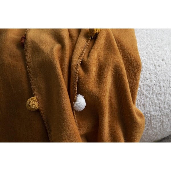 Fleecový pléd v horčicovej farbe 150x200 cm Pom Pom – Mijolnir-image-2