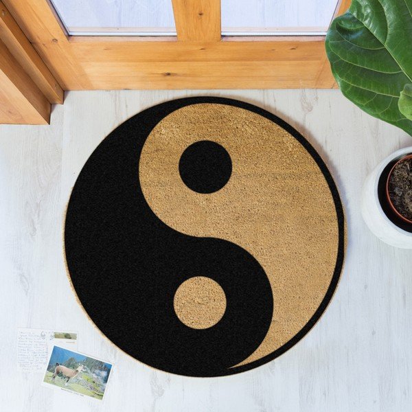 Čierna okrúhla rohožka z prírodného kokosového vlákna Artsy Doormats Yin Yang, ⌀ 70 cm-image-1