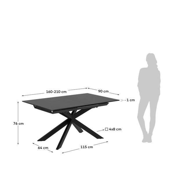 Čierny rozkladací jedálenský stôl so sklenenou doskou 90x210 cm Atminda – Kave Home-image-4