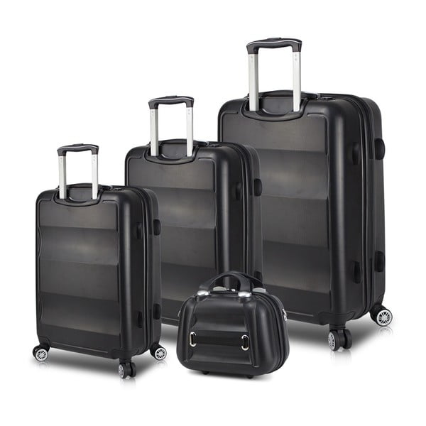 Sada 3 čiernych cestovných kufrov na kolieskach s USB porty a príručného kufríka My Valice LASSO Travel Set