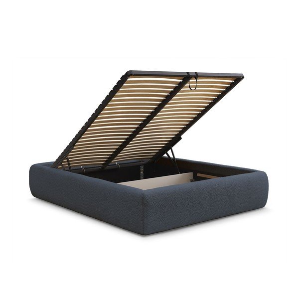 Tmavomodrá čalúnená dvojlôžková posteľ s úložným priestorom/bez čela s roštom 160x200 cm Inera – Bobochic Paris-image-3