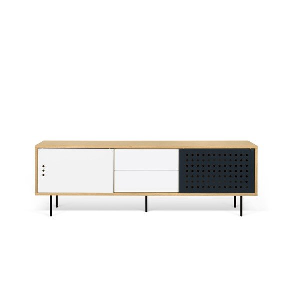 TV komoda v dekore dubového dreva s čierno-bielymi detailmi TemaHome Dann Dots, dĺžka 201 cm
