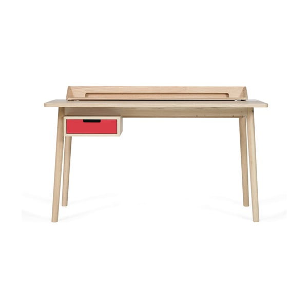 Pracovný stôl z dubového dreva s červenou zásuvkou HARTÔ Honoré, 140 × 70 cm