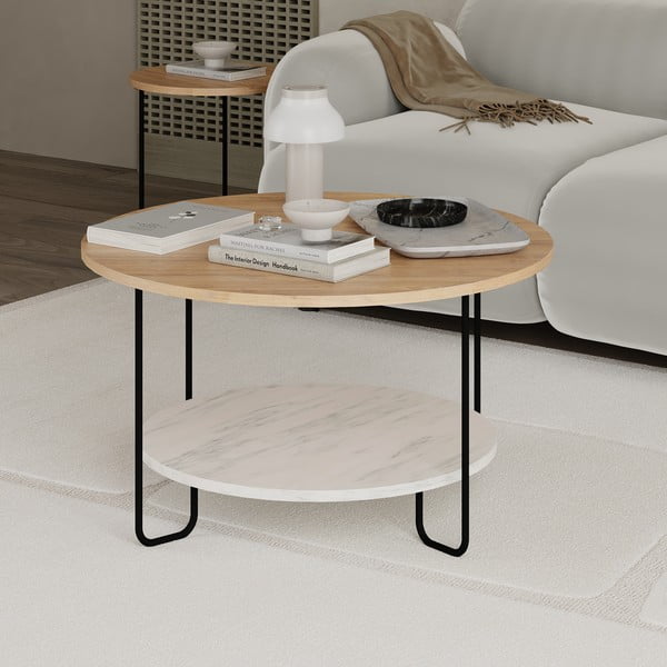 Okrúhly konferenčný stolík s doskou v dubovom dekore v prírodnej farbe ø 80 cm Tonka – Marckeric-image-4