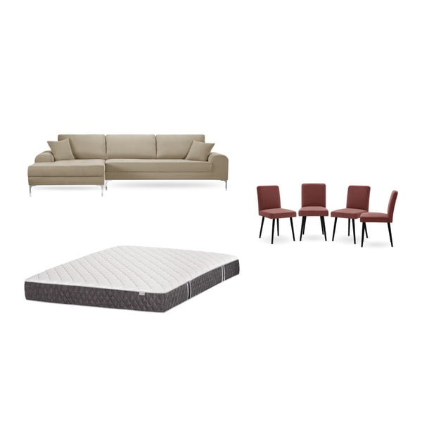 Set sivobéžovej pohovky s leňoškou vľavo, 4 tehlovočervených stoličiek a matraca 160 × 200 cm Home Essentials