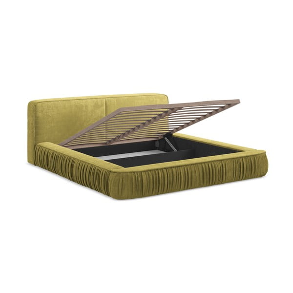 Žltá čalúnená dvojlôžková posteľ s úložným priestorom s roštom 180x200 cm Keoni – Makamii-image-4