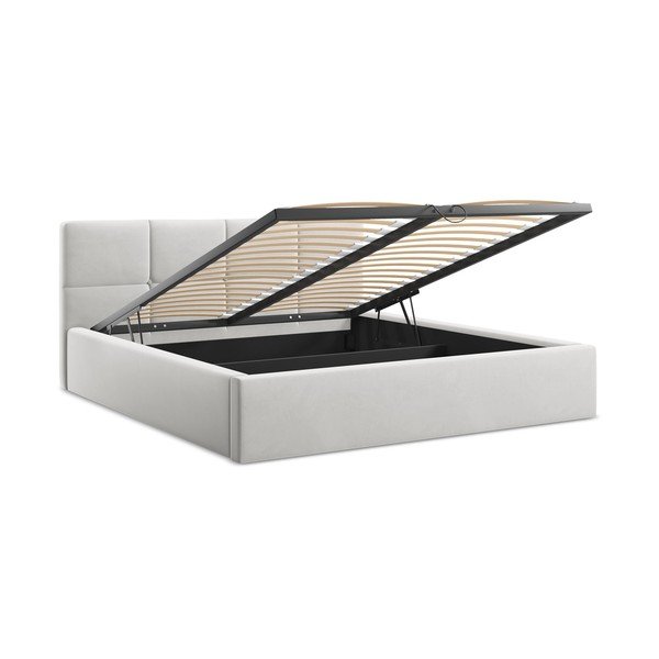 Svetlosivá zamatová čalúnená dvojlôžková posteľ s úložným priestorom s roštom 140x200 cm Hiko – Makamii-image-2