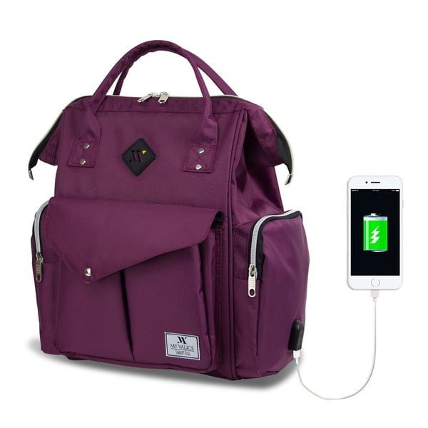 Fialový batoh pre mamičky s USB portom My Valice HAPPY MOM Baby Care Backpack