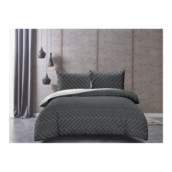 Sivo-biela obojstranná obliečky z bavlneného saténu DecoKing Panels, 155 × 200 cm-image-2